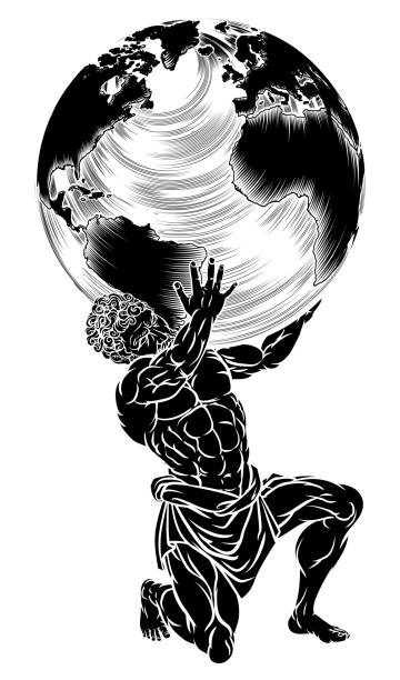Atlas Titan Holding Globe Atlas titan from Greek mythology symbol of strength sentenced by the Gods to hold up the sky represented by a globe giant fictional character illustrations stock illustrations