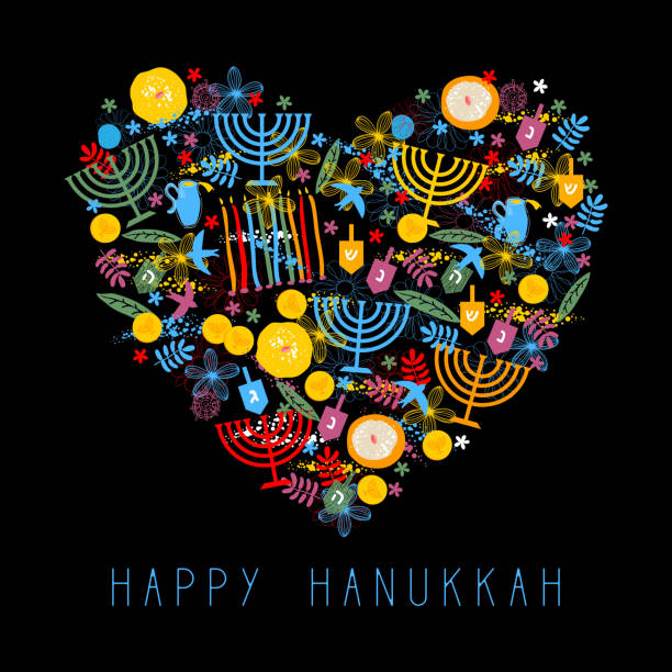 illustrazioni stock, clip art, cartoni animati e icone di tendenza di design del modello di carta cuore happy hanukkah. decorazione per feste festive. biglietto d'auguri hanukkah con fiori, uccelli, dreietra di legno, ciambelle, monete di cioccolato, candele e menorah. sfondo delle festività ebraiche - holiday happiness menorah hanukkah