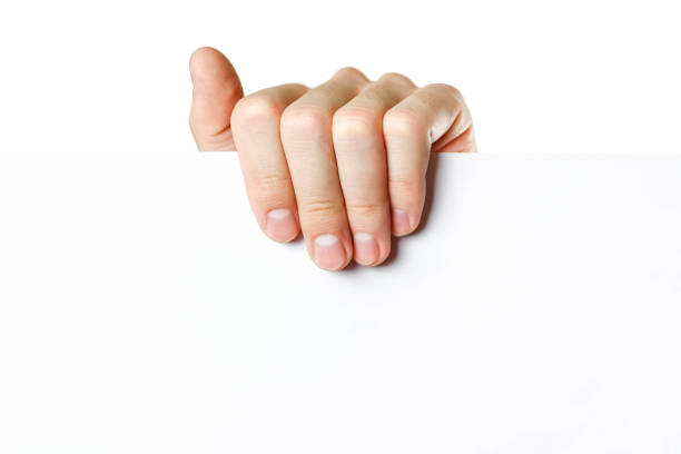 istock Hand holding paper. Close up. Isolated on white background. 1074211592
