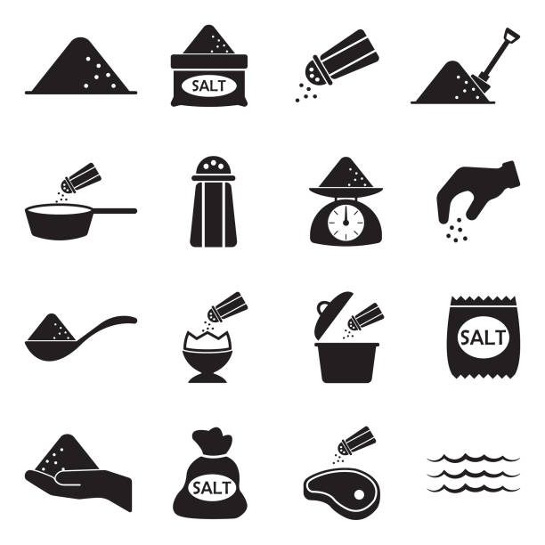 Salt Icons. Black Flat Design. Vector Illustration. Food, Salt, Sodium, Health salt pile stock illustrations