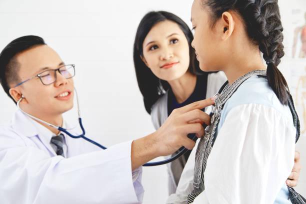 istock Professional doctor wearing white coat using stethoscope to examine kid patient with her mother in hospital background 1074219578