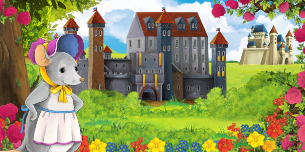 만화 자연 현장 숲과 행복 마우스 찾고 근처 아름 다운 성 - castle fairy tale palace forest stock illustrations