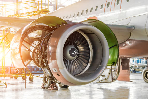 istock Opened hood aircraft engine jet under maintenance in the hangar. 1074223660