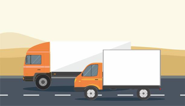 오렌지 화물 배달 트럭과 사막 배경에서 반 격리 - truck desert semi truck orange stock illustrations