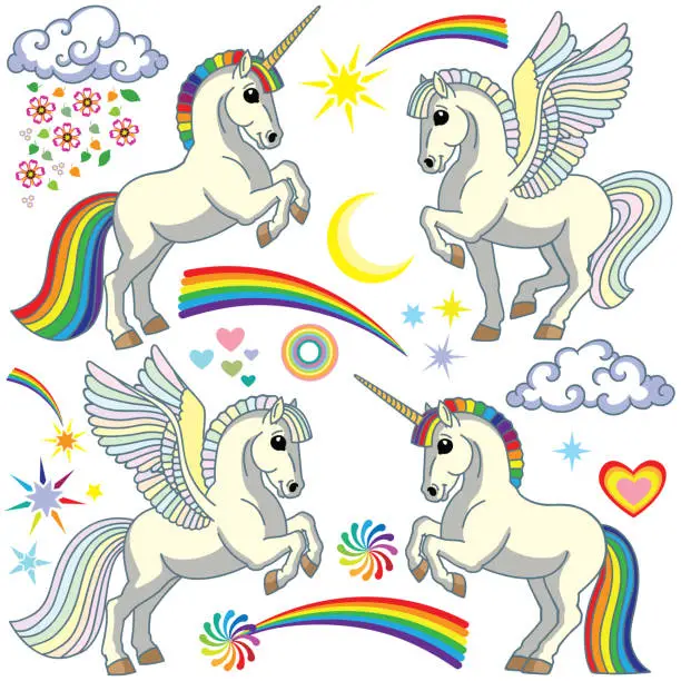 Vector illustration of cartoon unicorn and pegasus set