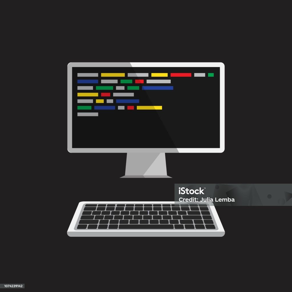 Computer With Code On The Screen On Black Background Stock Illustration ...