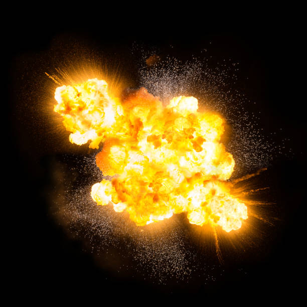 istock Realistic fiery bomb explosion with sparks and smoke isolated on black background 1074240146