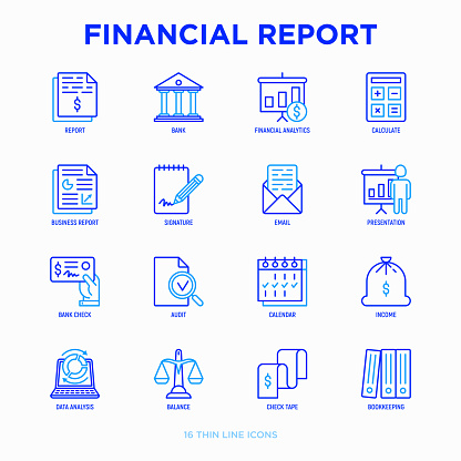 Financial report thin line icons set: bank, financial analytics, calculate, signature, email, presentation, bank check, audit, calendar, income, balance, check tape, bookkeeping. Vector illustration.