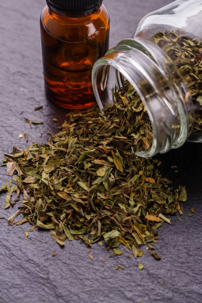 istock dried tarragon and essential oil on a dark stone background 1074241972