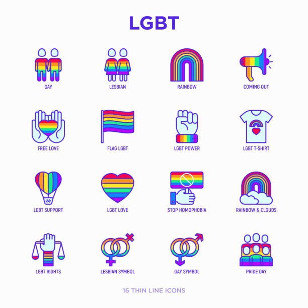 ilustrações, clipart, desenhos animados e ícones de conjunto de ícones de linha fina de lgbt: gay, lésbica, arco-íris, saindo, amor livre, bandeira, suporte, paragem de homofobia, direitos lgbt, dia do orgulho. ilustração em vetor moderno. - bi sexual illustrations