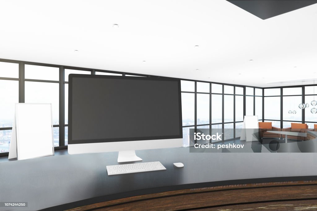 Empty Computer On Reception Desk Stock Photo - Download Image Now ...