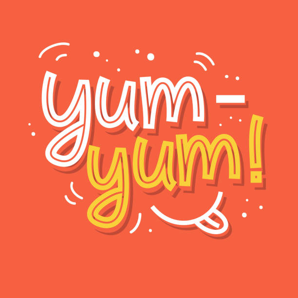 Yum-yum. Yummy hand written word Yum-yum. Yummy hand written word. Label sticker, banner, badge design. Vector lettering Ready To Eat stock illustrations