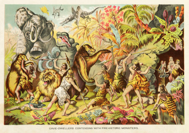 jaskiniowcy zmagający się z prehistorycznymi potworami - era prehistoryczna stock illustrations