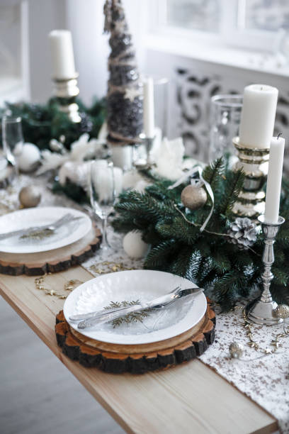 istock Table served for Christmas dinner in living room, close up view 1074249732