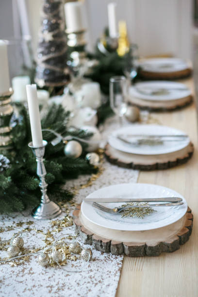 istock Table served for Christmas dinner in living room, close up view 1074249960