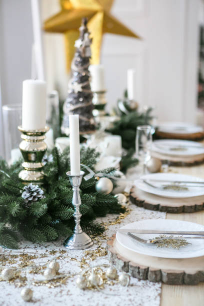 istock Table served for Christmas dinner in living room, close up view 1074250058