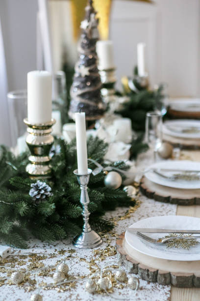 istock Table served for Christmas dinner in living room, close up view 1074250242