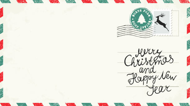 illustrazioni stock, clip art, cartoni animati e icone di tendenza di cartolina di natale con francobolli. - greeting card christmas envelope mail