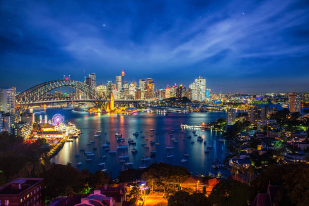 Panorama of Sydney harbour and bridge in Sydney city Panorama of Sydney harbour and bridge in Sydney city, New south wales, Australia sydney sunset stock pictures, royalty-free photos & images