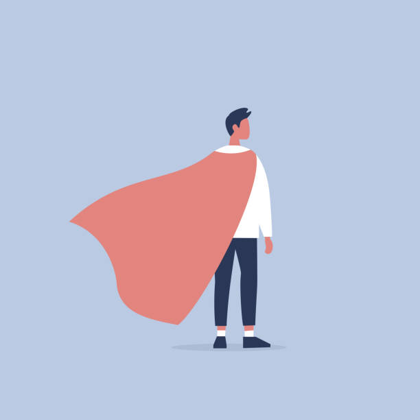 Superhero conceptual illustration. Young  male character wearing a superhero cape / flat editable vector illustration, clip art Superhero conceptual illustration. Young  male character wearing a superhero cape / flat editable vector illustration, clip art cosplay event stock illustrations