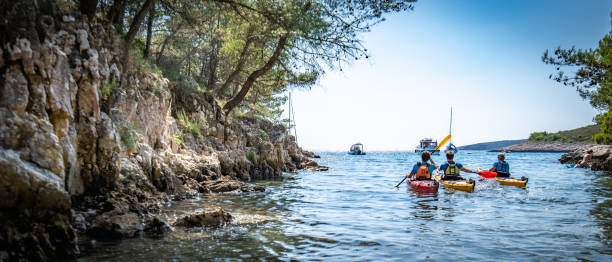 Kayakers rowing together in sea