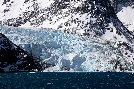 Blue colored glacier in Drygalski Fjord on South Georgia, Antarctica