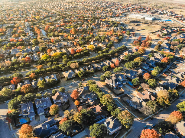 istock Top view Valley Ranch development community near Dallas with colorful fall foliage 1074261346