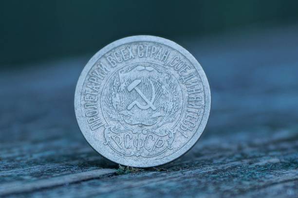 istock old soviet silver coin with coat of arms on a gray table 1074262048