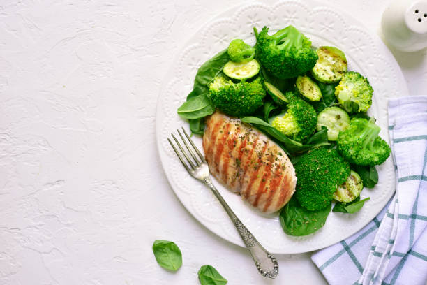 istock Grilled chicken fillet with green vegetable salad 1074269456