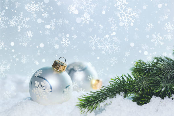 istock Christmas white scene with ornaments on snow 1074269690