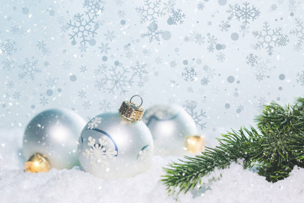 istock Christmas white scene with ornaments on snow 1074269692