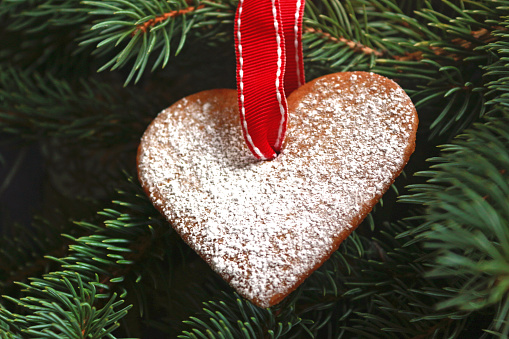 gingerbread heart with a red ribbon hanging on a christmas tree, close-up