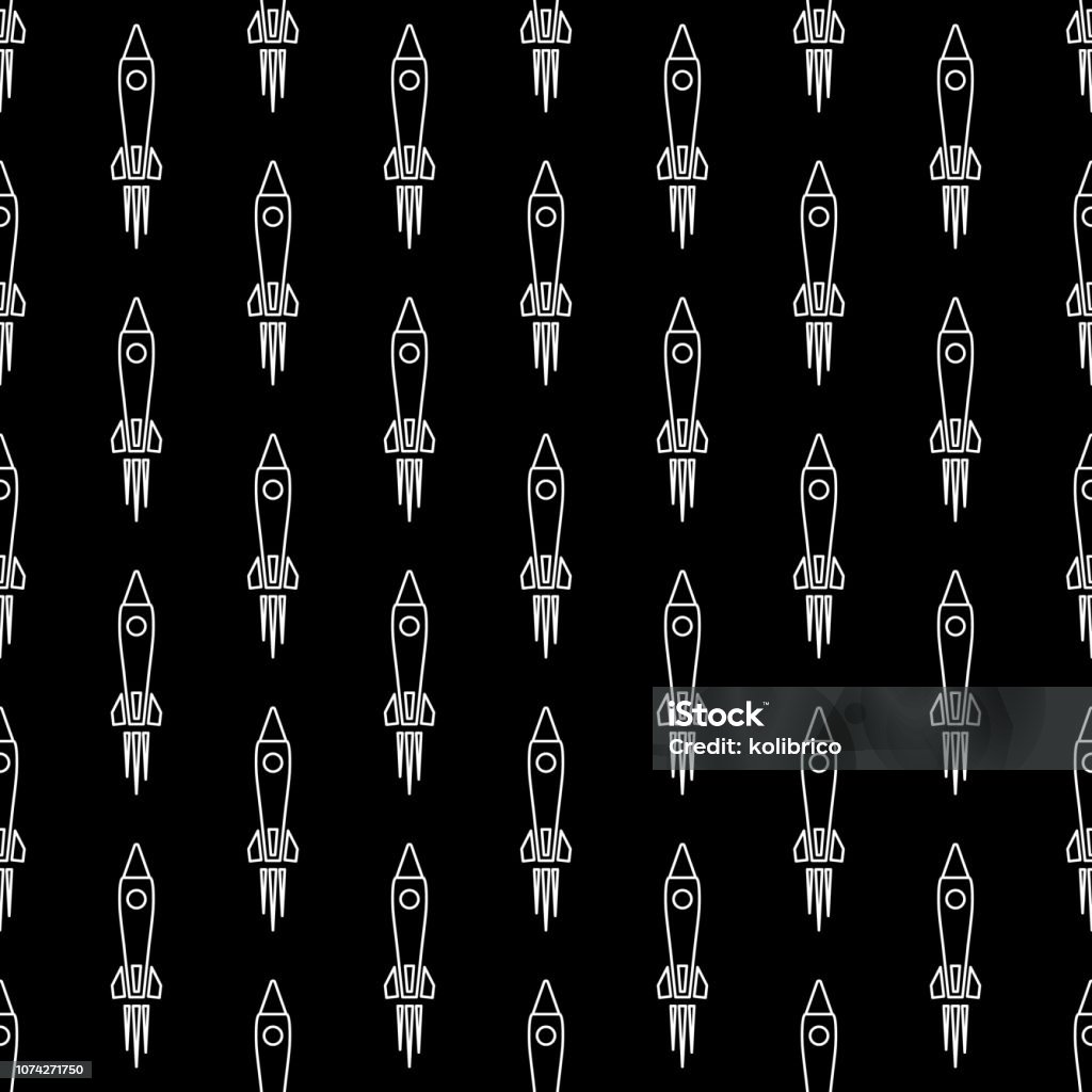 White Rockets Pattern Vector Seamless Pattern Of White Outline Rocket On Black Backgr Stock ...