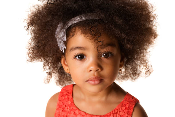 close up portrait of african-american little girl, in studio isolated - fashion model small one person happiness imagens e fotografias de stock