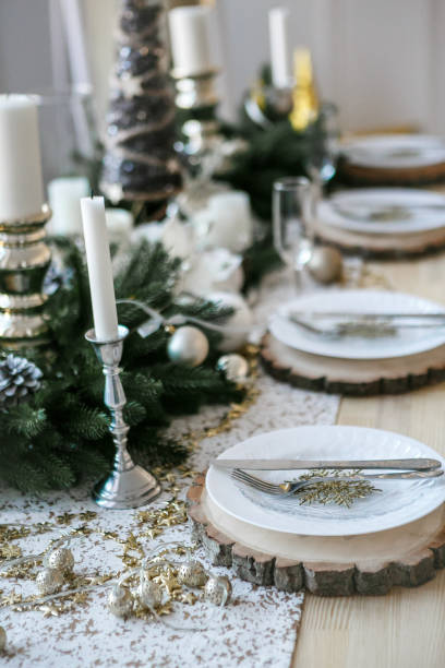 istock Table served for Christmas dinner in living room, close up view 1074273014