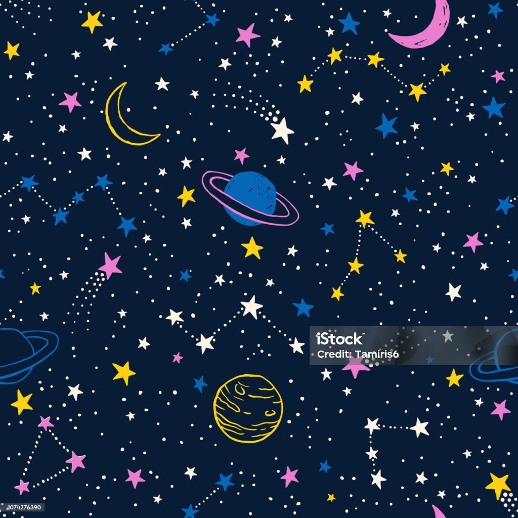 Sans soudure motif coloré avec des planètes, des constellations et des étoiles - clipart vectoriel de Espace cosmique libre de droits