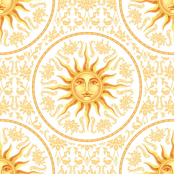ilustraciones, imágenes clip art, dibujos animados e iconos de stock de patrón transparente oro barroco celestial con rostro de sol - retro revival decoration gold vector