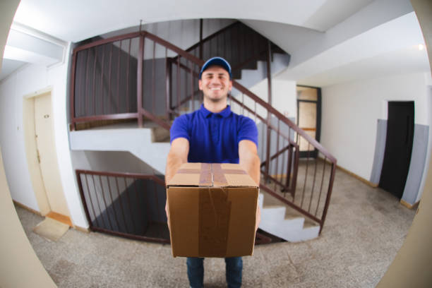 istock Postman with package at the door 1074278504