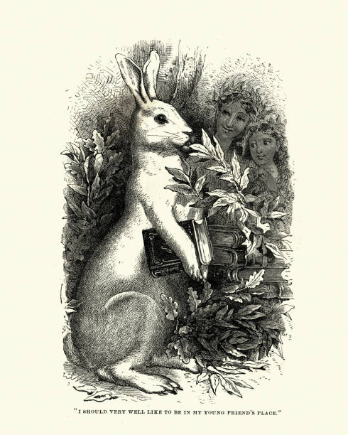 Vintage engraving of a Victorian Childrens illustration, Snowdrop the rabbit holding a book, 1870s. From Snowdrop, or adventures of a white rabbit