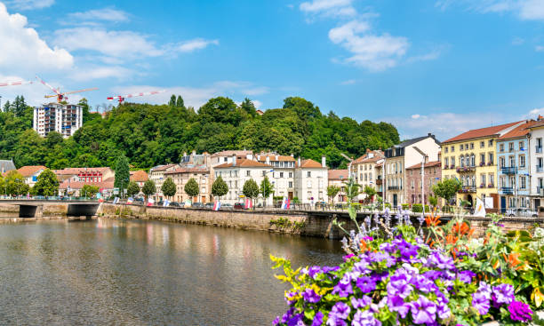 blumen auf einer brücke über die mosel in epinal, frankreich - spinal stock-fotos und bilder