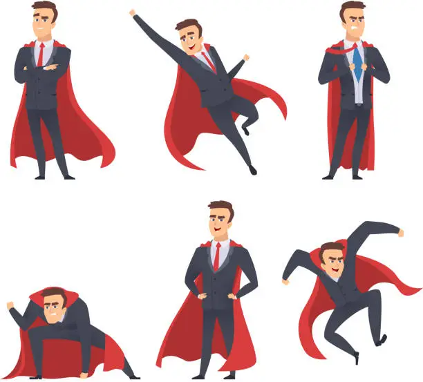 Vector illustration of Businessman superheroes. Office managers directors workers red cloak standing flying action poses superheroes vector characters