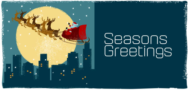 ilustrações, clipart, desenhos animados e ícones de trenó de papai noel sobre cidade - santa claus sleigh toy christmas