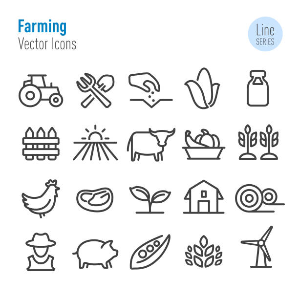 ilustraciones, imágenes clip art, dibujos animados e iconos de stock de agricultura los iconos - vector línea serie - tractor green farm corn