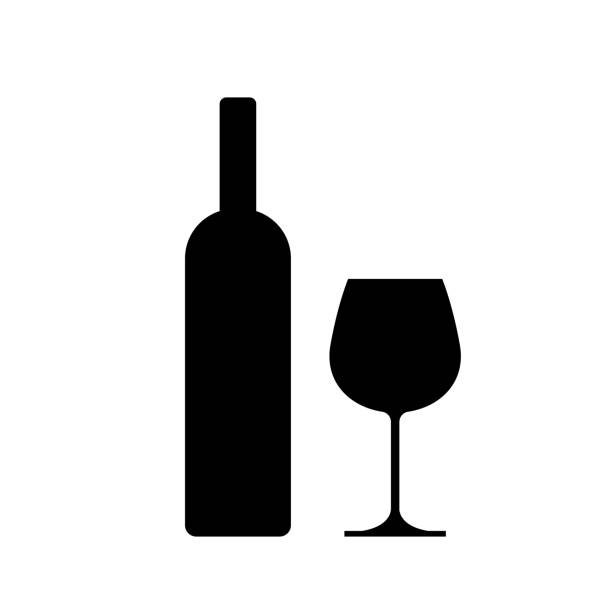 ilustraciones, imágenes clip art, dibujos animados e iconos de stock de botella de vino con copa de vino icono aislado sobre fondo blanco. - copa de vino