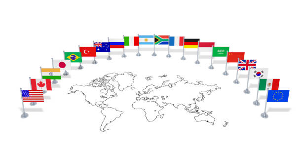 G20 summit (economic political concept). Flags of twenty member countries with world map G20 summit (economic political concept). Flags of twenty member countries with world map. Group of national flags as partners of international meeting. 3d illustration world map china saudi arabia stock pictures, royalty-free photos & images