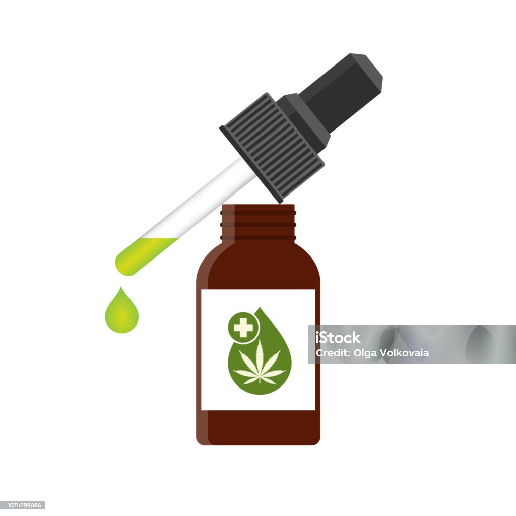 CBD oil hemp products CBD oil cannabis extract. Medical marijuana. Hemp oil in a bottle. Mock up of cannabis oil. Icon product label and logo graphic template. Isolated vector illustration on white background. Essential Oil stock vector