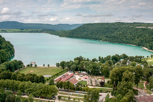 Aerial view of Lake Chalain in Jura mountains, France.