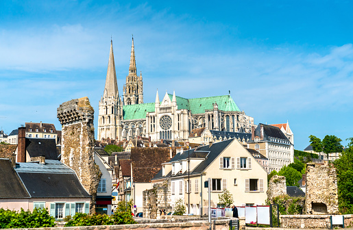 View of Chartres Cathedral above the town. UNESCO world heritage in France