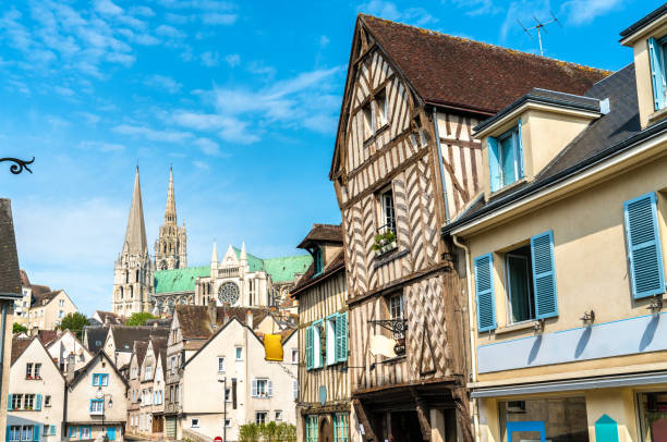 traditional houses in chartres, france - building exterior built structure tower church imagens e fotografias de stock