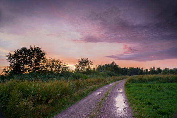 istock Romantic sky after thunderstorm over dirt road through meadows 1074340072